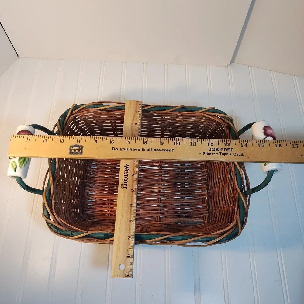 Vintage Woven Wicker Basket Ceramic Apple Handles Green Trim Rectangular Cottage